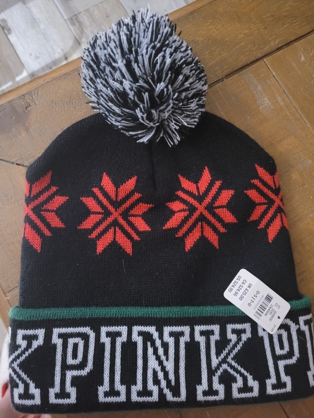 PINK Victoria's Secret Pom Pom Knit Beanie - Black with Red Snowflakes